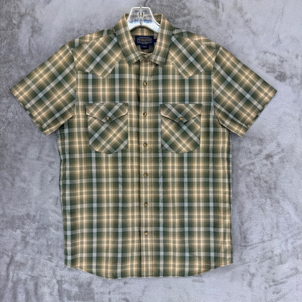 Pendleton Frontier Men M Green Plaid Western Short Sleeve Snap Shirt RA568-79415